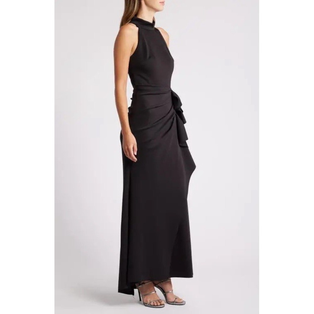 XSCAPE Mock Neck Gown Dress Size 14 Black Mermaid Cascade Ruffle Sleeveless NWT - Picture 3 of 11